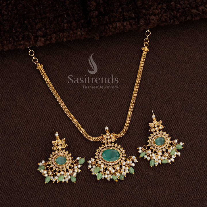 Oval matte gold Mint necklace with AD stones, pearls, and glass beads
 - Sasitrends
