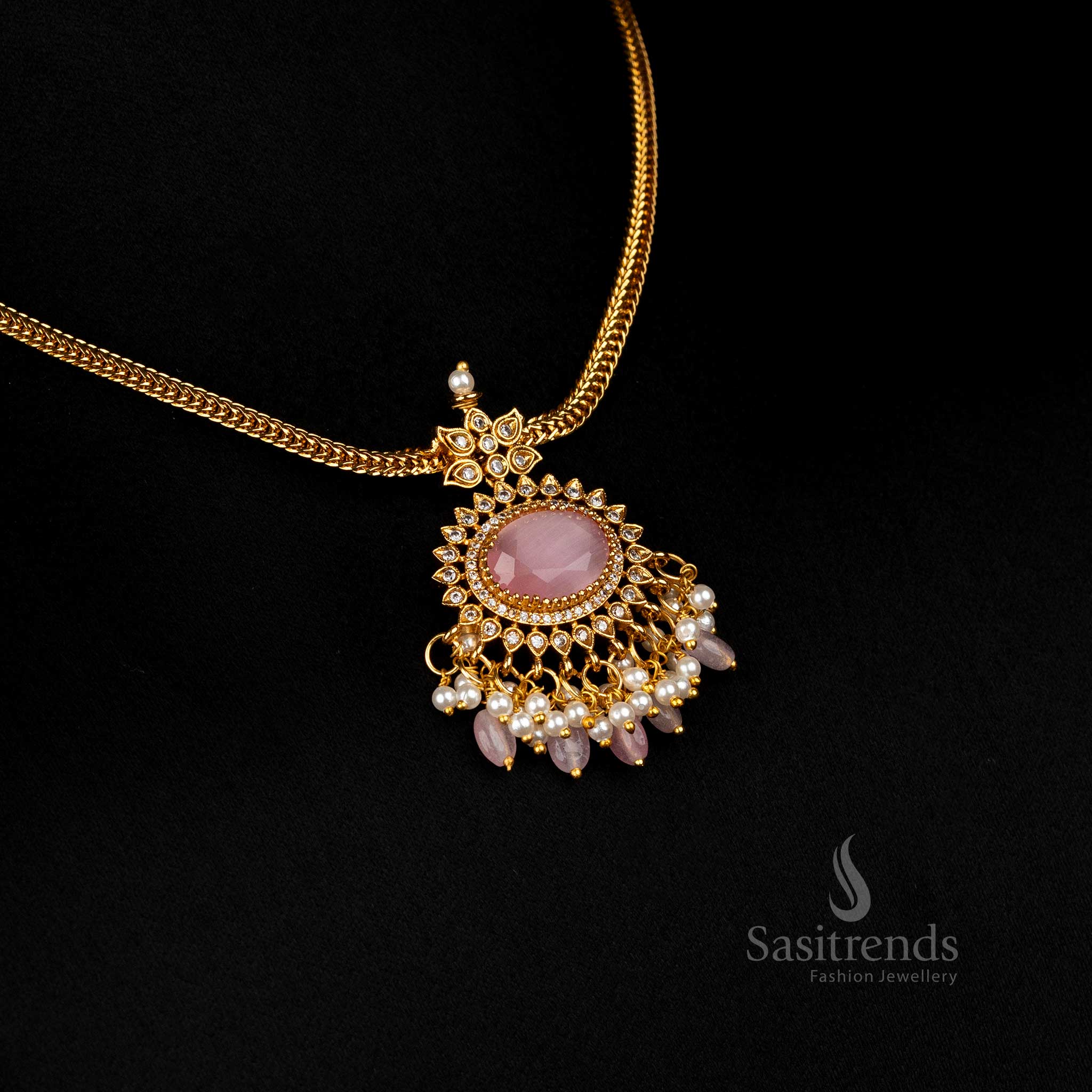 Pink Temple jewellery set with structured pendant and matching dangler earrings - Sasitrends