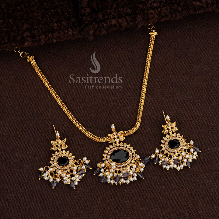South Indian traditional Purple necklace with pearl fringe and floral motif - Sasitrends