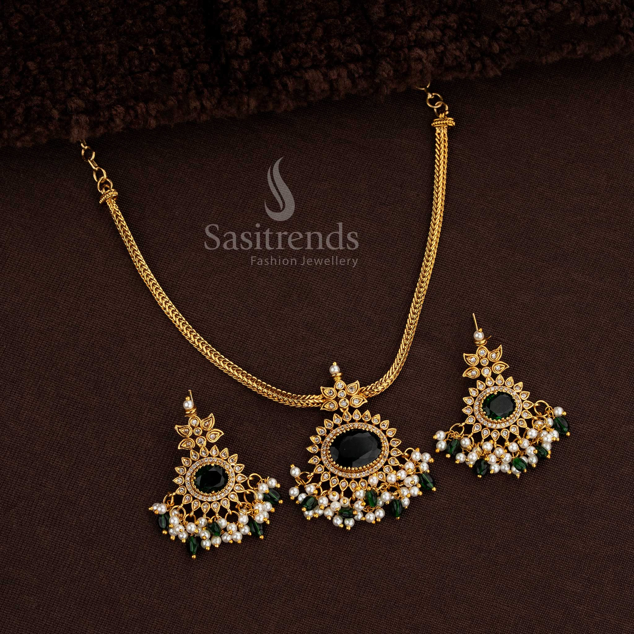 South Indian traditional Green necklace with pearl fringe and floral motif - Sasitrends
