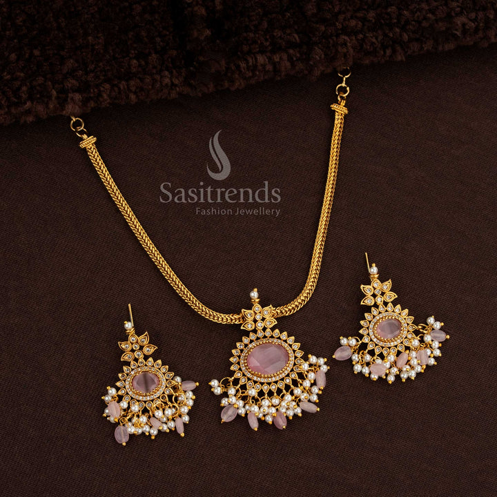 Pink Temple jewellery set with structured pendant and matching dangler earrings - Sasitrends