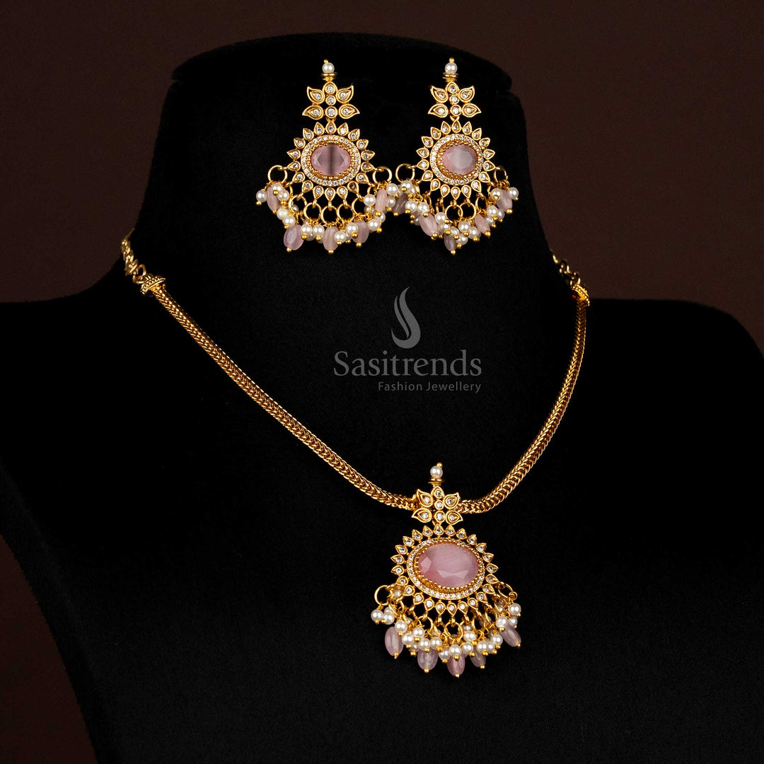 Pink Temple jewellery set with structured pendant and matching dangler earrings - Sasitrends