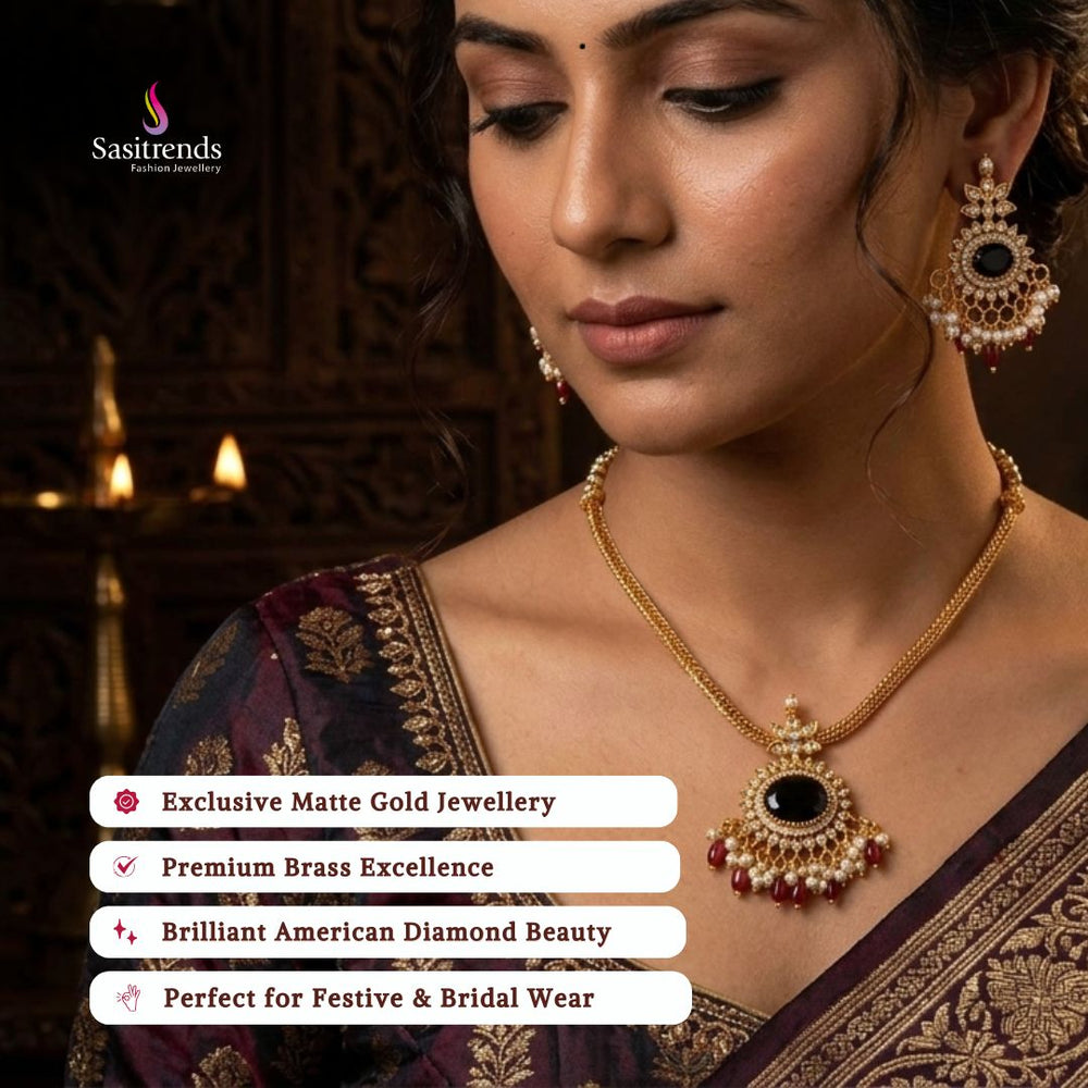 Premium Matte gold plated american diamond necklace set model image - Sasitrends