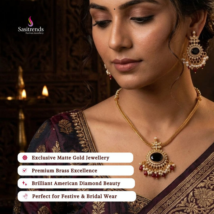 Premium Matte gold plated american diamond necklace set model image - Sasitrends