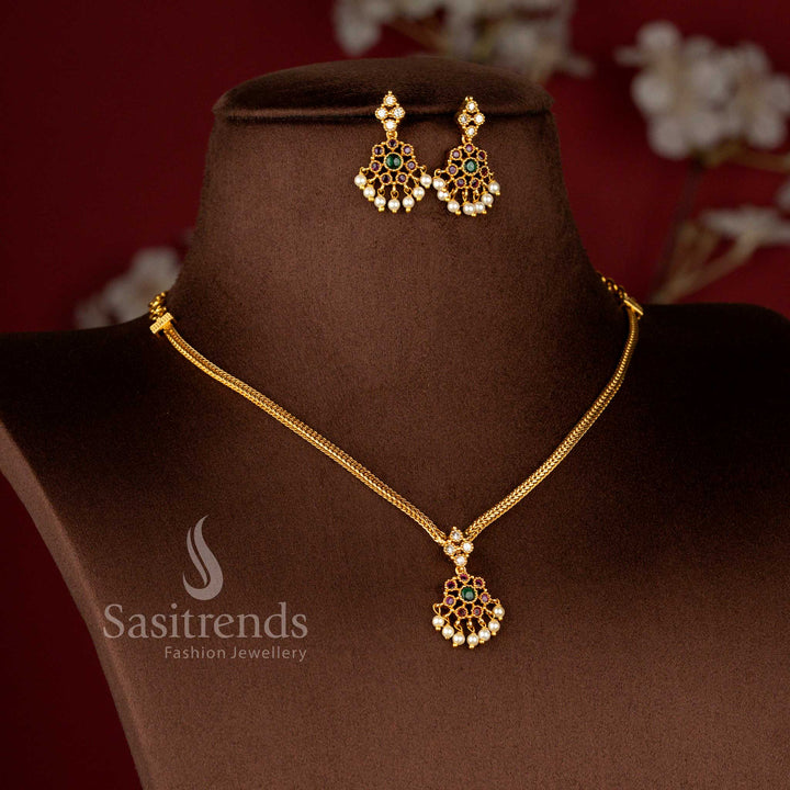 Elegant Matte Gold Plated Floral Pendant Jewellery Set with Gold Bead Danglers - Sasitrends