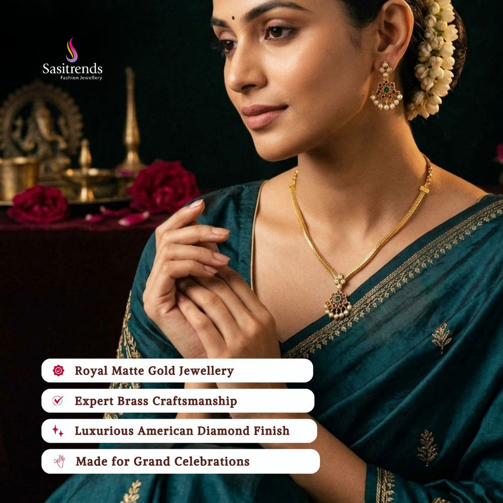 Premium Matte gold plated american diamond necklace set model image - Sasitrends