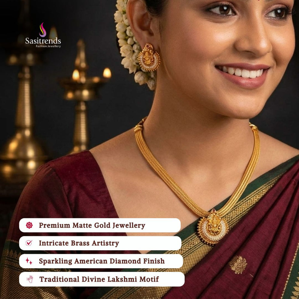 Premium Matte gold plated american diamond necklace set model image - Sasitrends