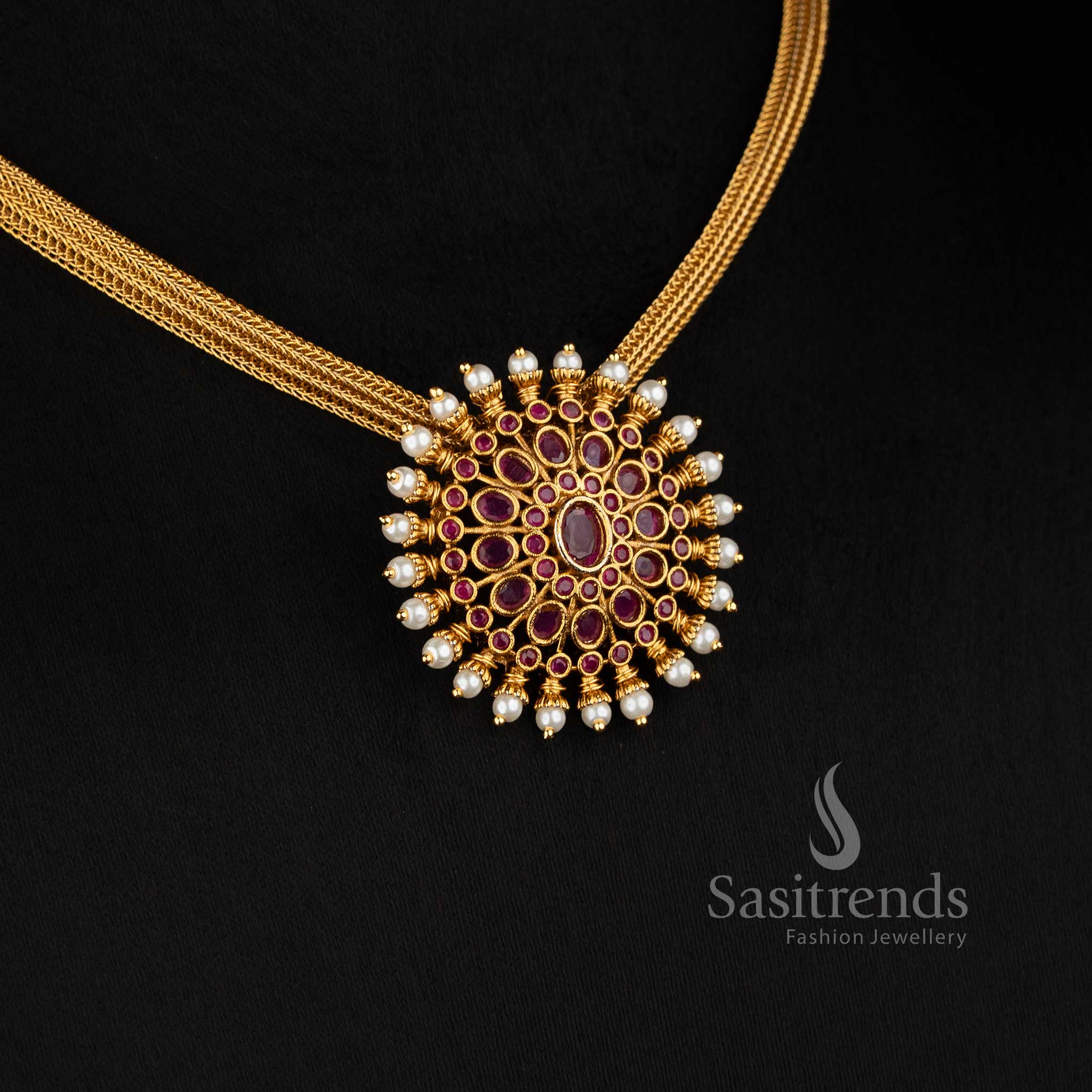 Matte Gold Plated Temple Floral Choker Necklace Set for Weddings and Festive Wear - Sasitrends