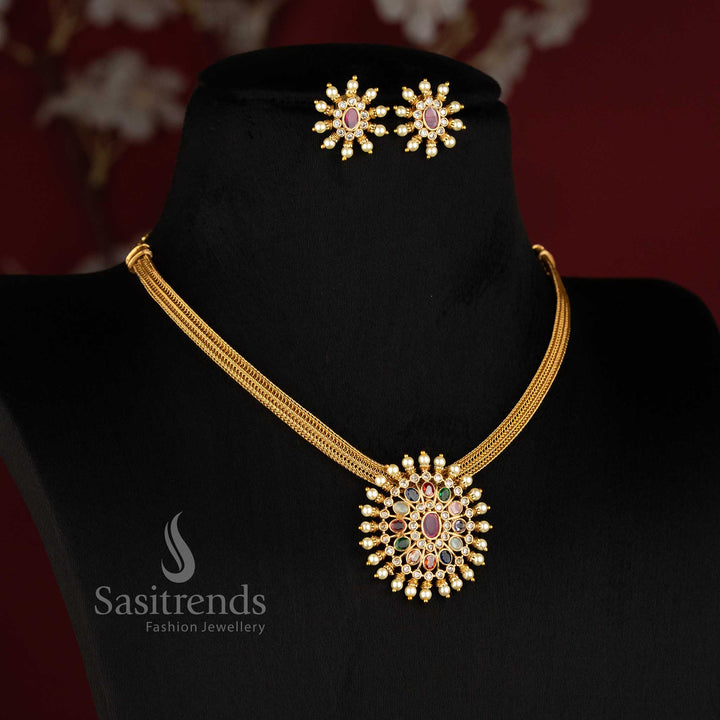 Traditional Matte Gold Plated Floral Pendant Choker Set for Women - Sasitrends
