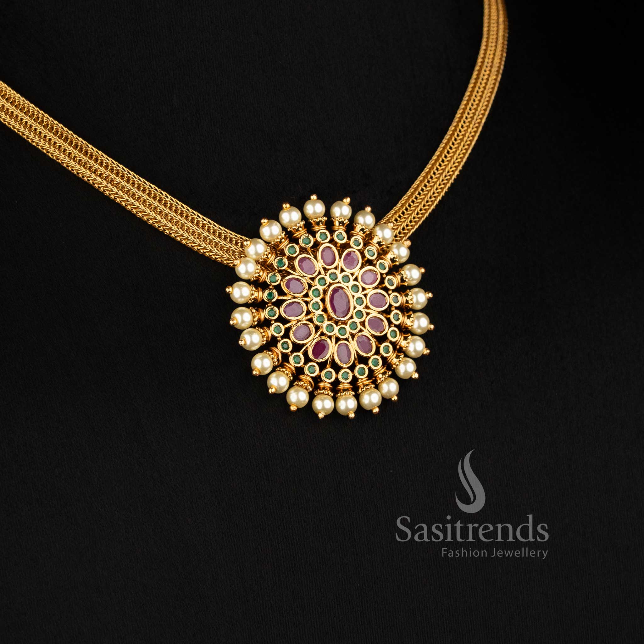 Traditional Matte Gold Plated Floral Pendant Choker Set for Women - Sasitrends