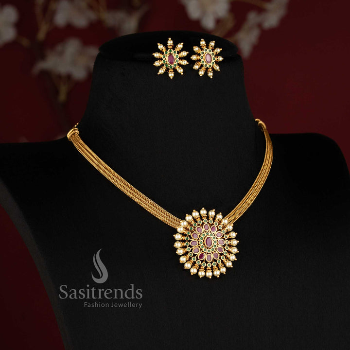 Traditional Matte Gold Plated Floral Pendant Choker Set for Women - Sasitrends