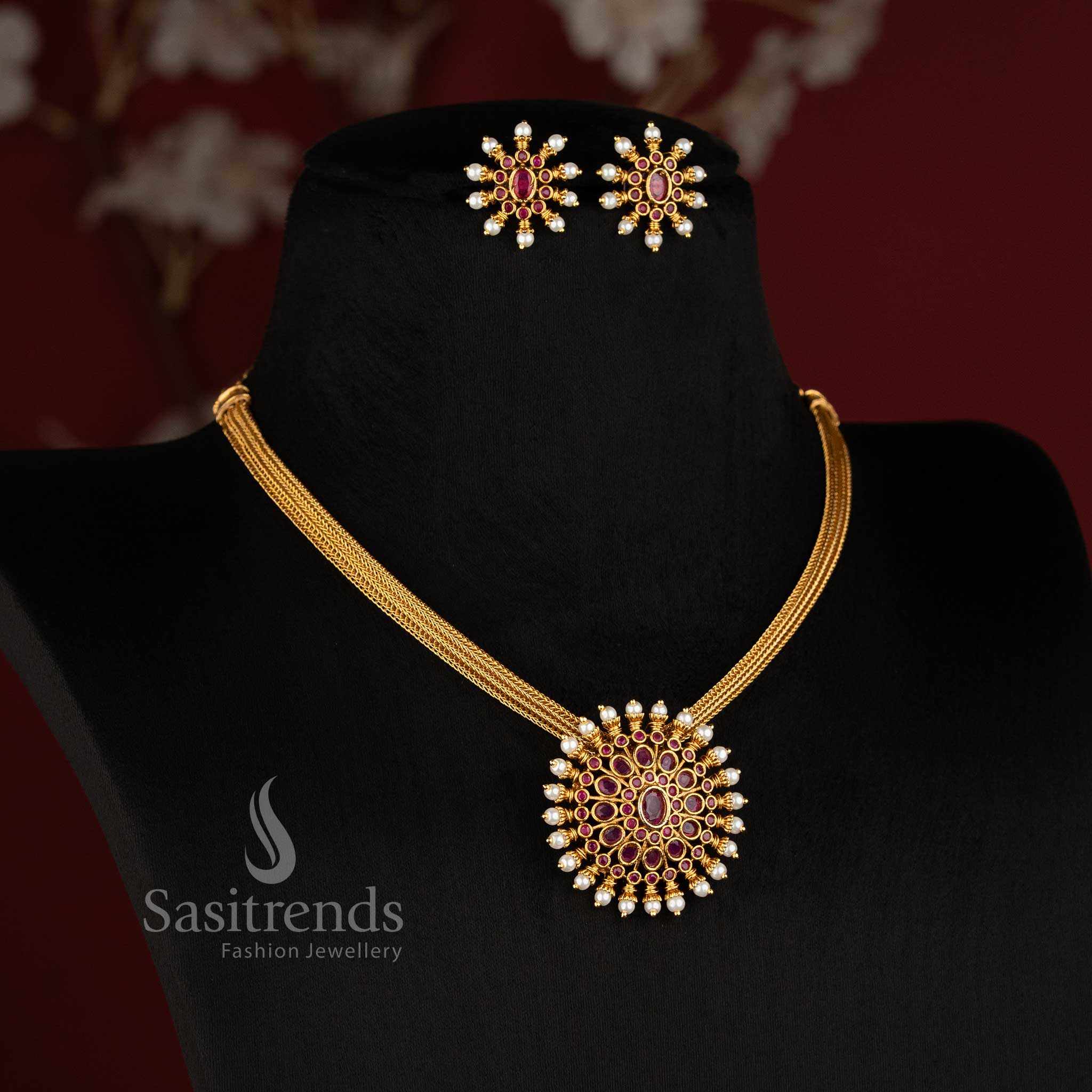 Matte Gold Plated Temple Floral Choker Necklace Set for Weddings and Festive Wear - Sasitrends
