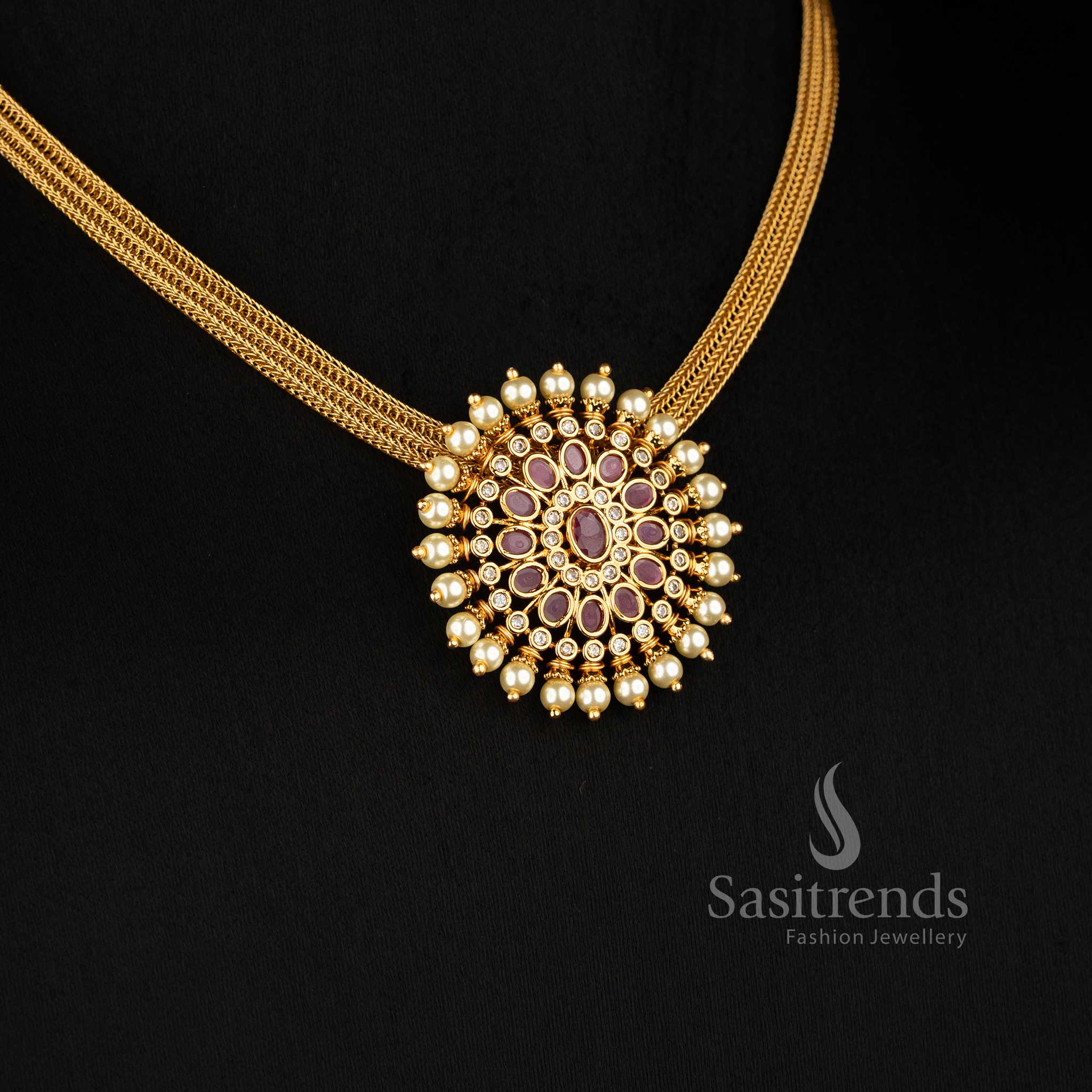 Traditional Matte Gold Plated Floral Pendant Choker Set for Women - Sasitrends