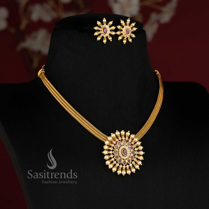 Traditional Matte Gold Plated Floral Pendant Choker Set for Women - Sasitrends