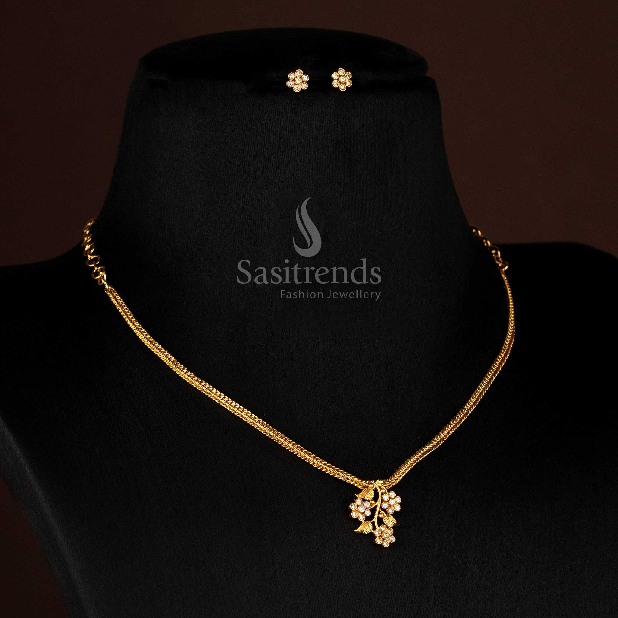 Matte Gold Plated Flower Leaf Necklace Jewellery Set for traditional temple wear with premium AD stone detailing - Sasitrends