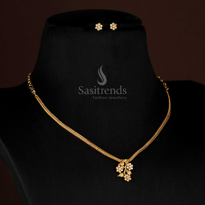 Matte Gold Plated Flower Leaf Necklace Jewellery Set for traditional temple wear with premium AD stone detailing - Sasitrends