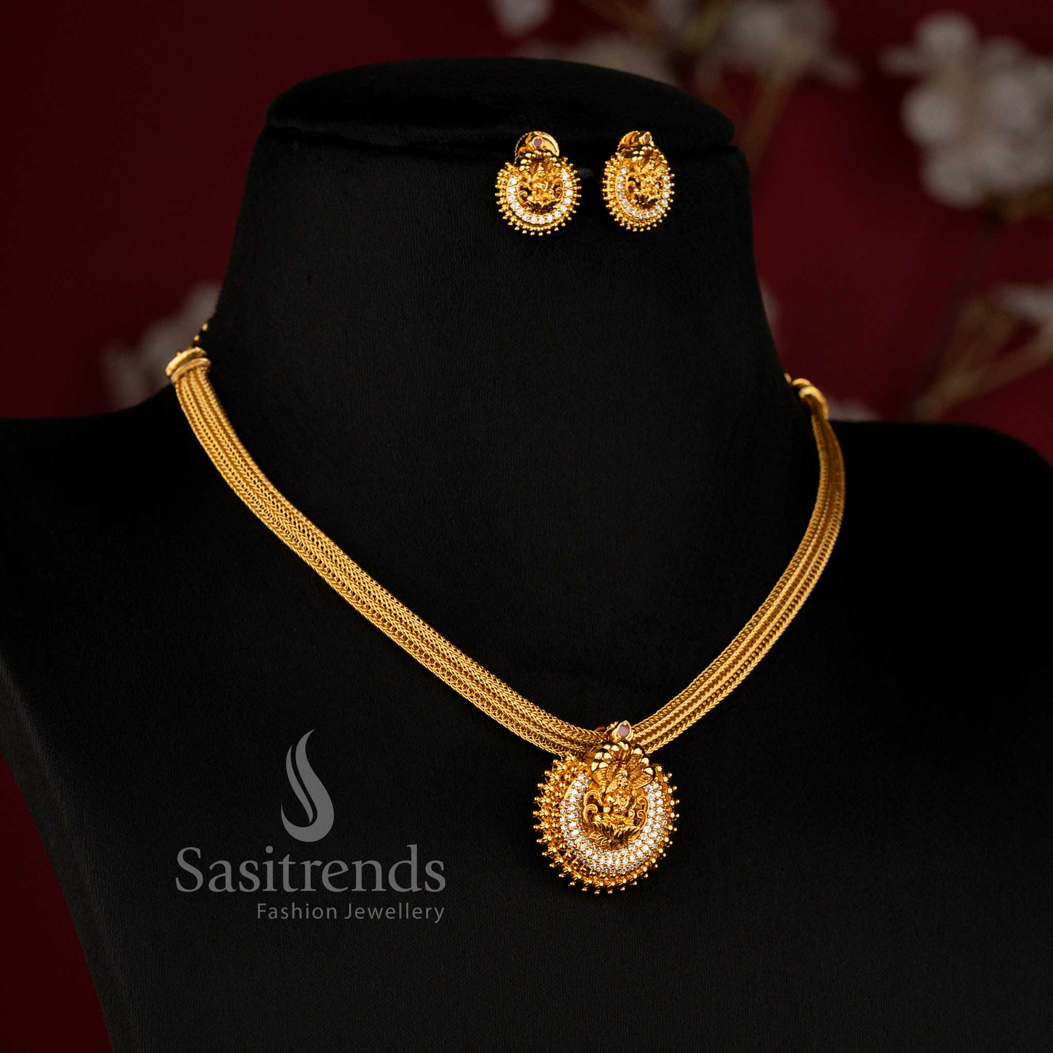 Elegant Temple Matte Gold Plated Lakshmi Motif Medallion Choker Necklace Set for women - Sasitrends