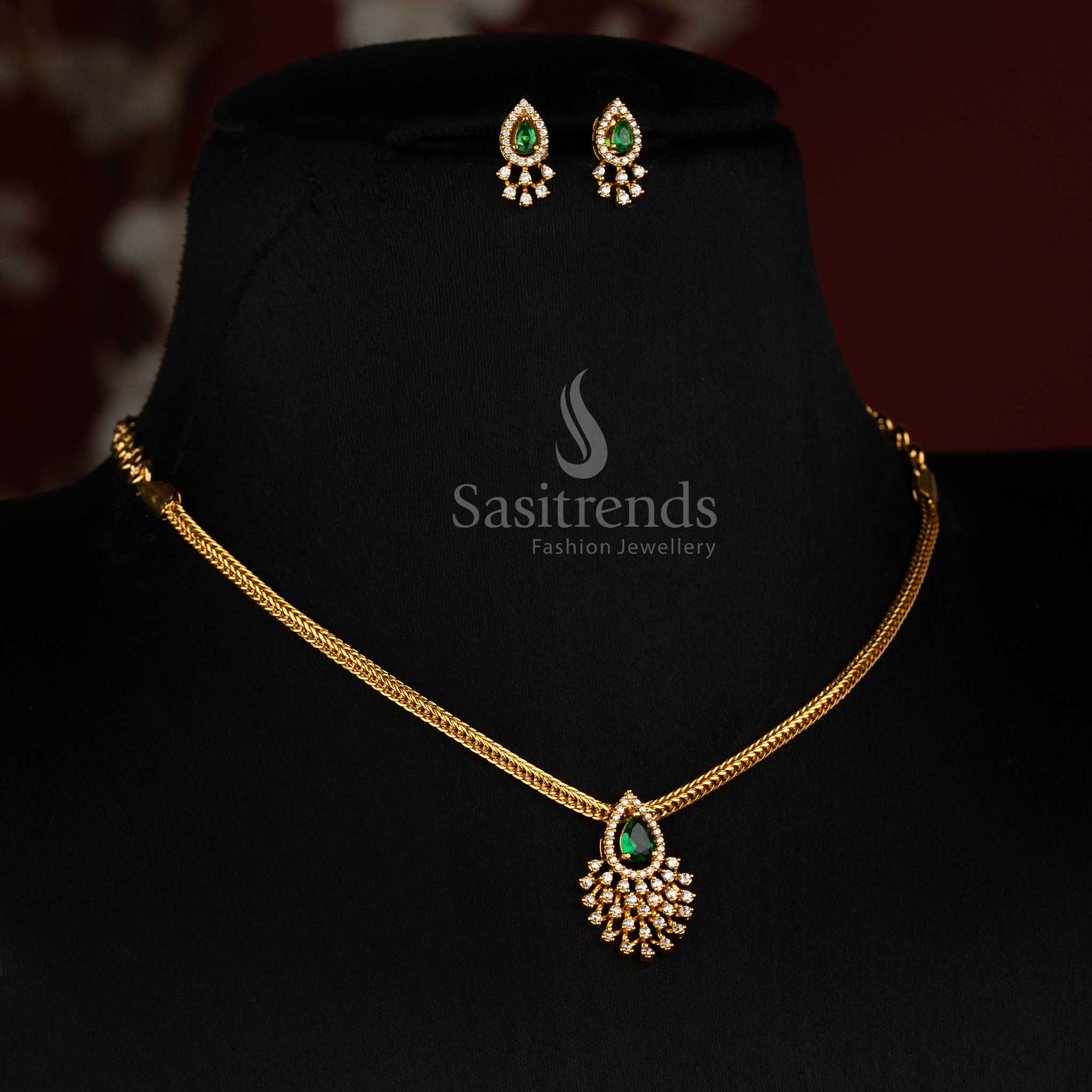 Temple Matte Gold Plated Teardrop AD Stone Necklace Set for Women - Sasitrends