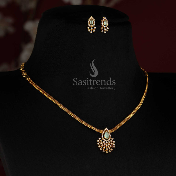 Detailed Teardrop AD Stone Mesh Pendant with Matching Stud Earrings - Sasitrends