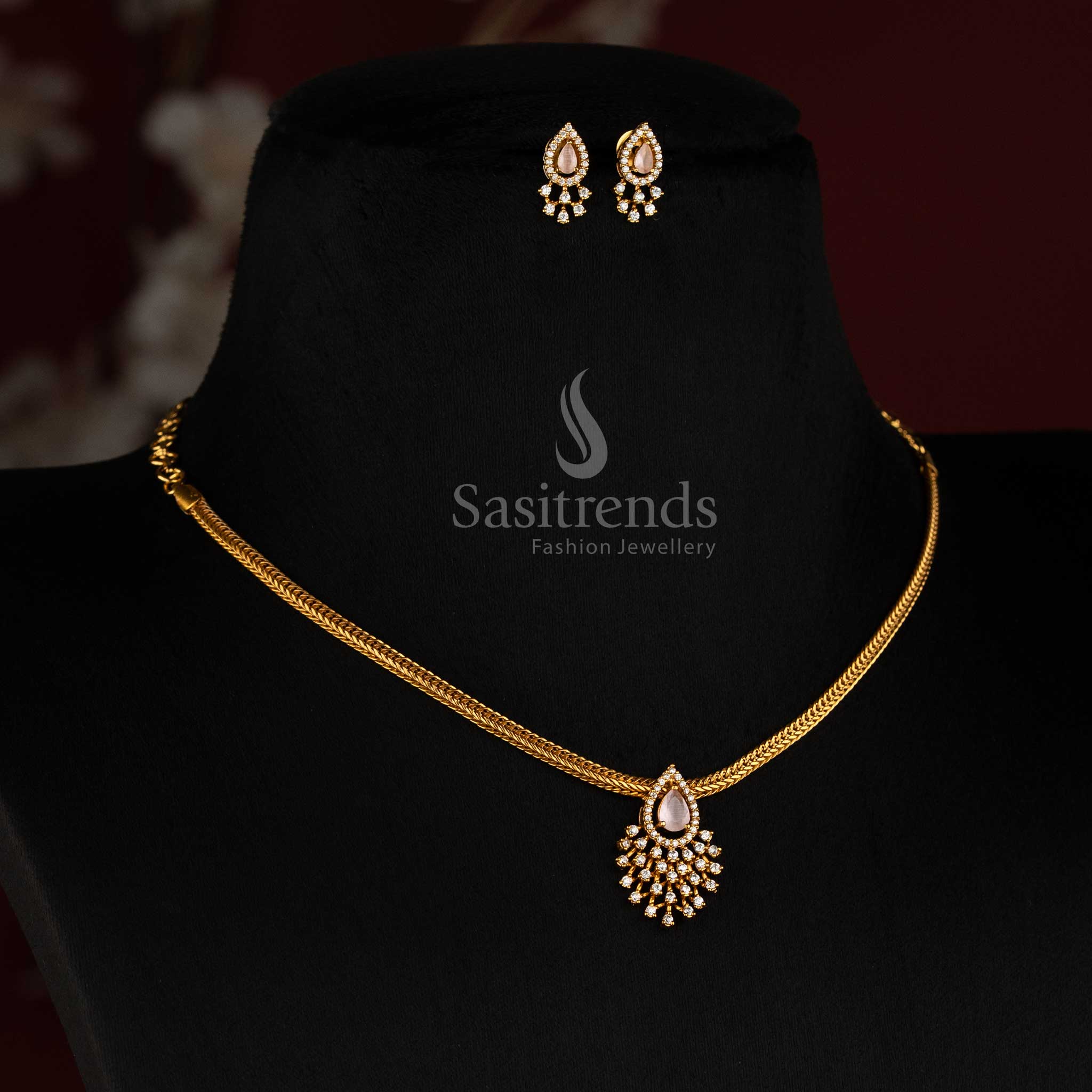 Temple Matte Gold Plated Teardrop AD Stone Necklace Set for Women - Sasitrends