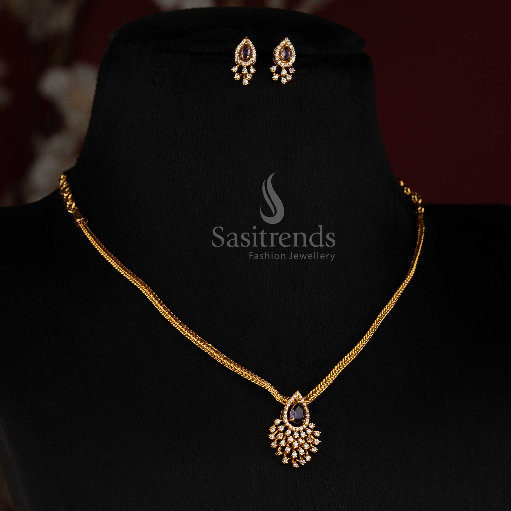Temple Matte Gold Plated Teardrop AD Stone Necklace Set for Women - Sasitrends