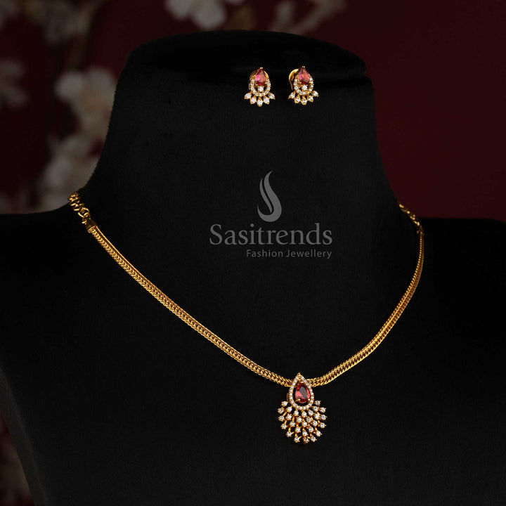 Detailed Teardrop AD Stone Mesh Pendant with Matching Stud Earrings - Sasitrends