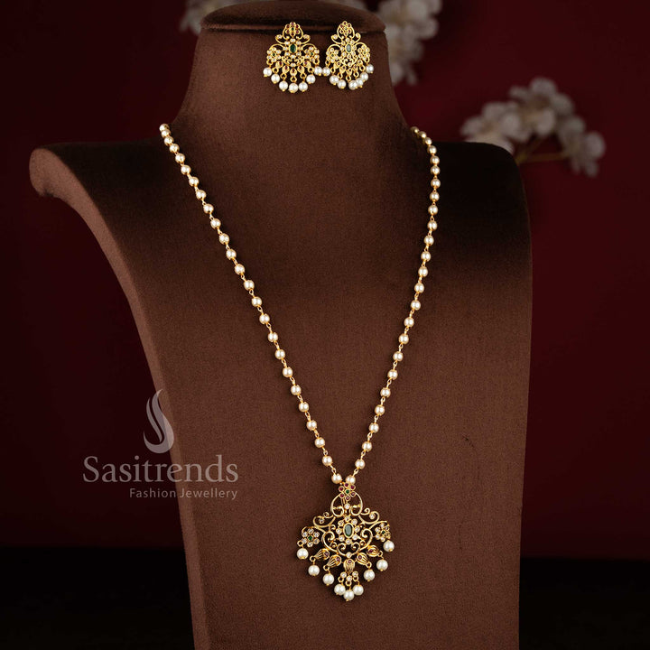Charming Temple Matte Gold Finish Pearl Mala Floral Pendant Necklace Jewellery Set with Multi-Color AD Stones | Sasitrends