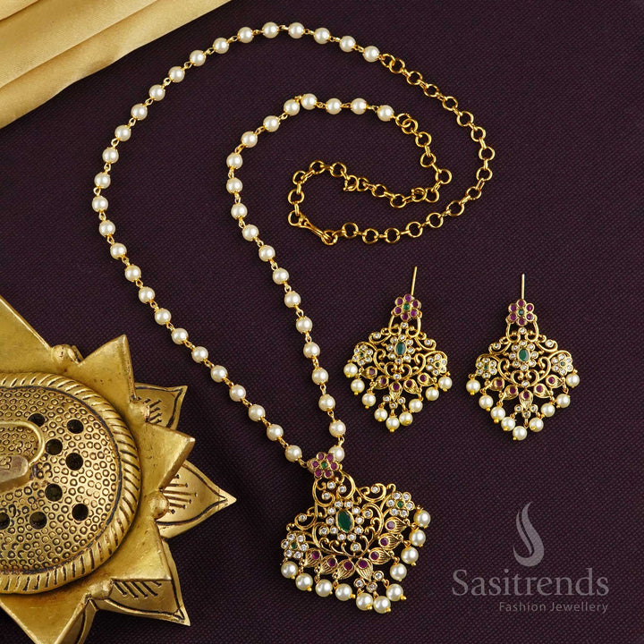 Charming Temple Matte Gold Finish Pearl Mala Floral Pendant Jewellery Set with Multi-Color AD Stones | Sasitrends