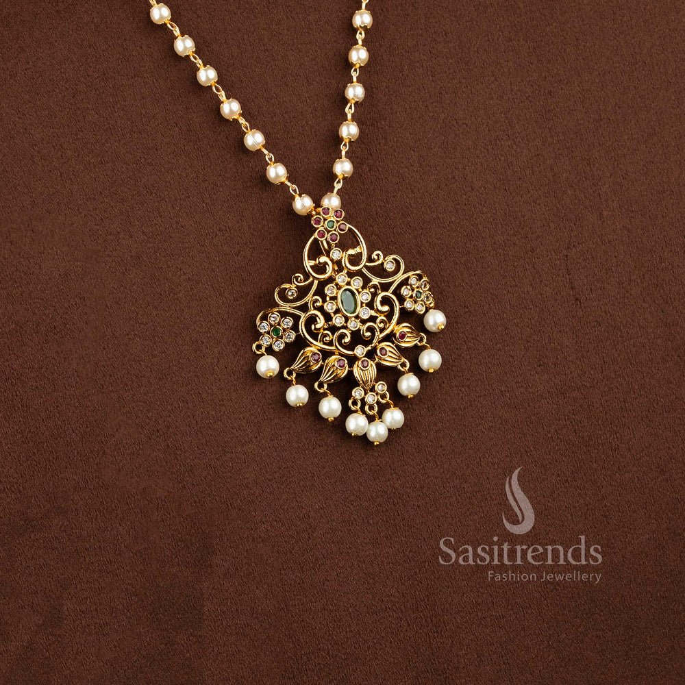 Elegant emerald and pearl pendant necklace set with multi-color American diamond stones and floral designs - Sasitrends