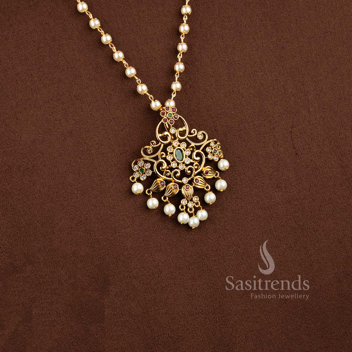 Elegant emerald and pearl pendant necklace set with multi-color American diamond stones and floral designs - Sasitrends