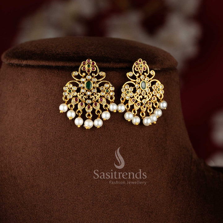 Elegant emerald and pearl pendant necklace set with multi-color American diamond stones and floral designs - Sasitrends
