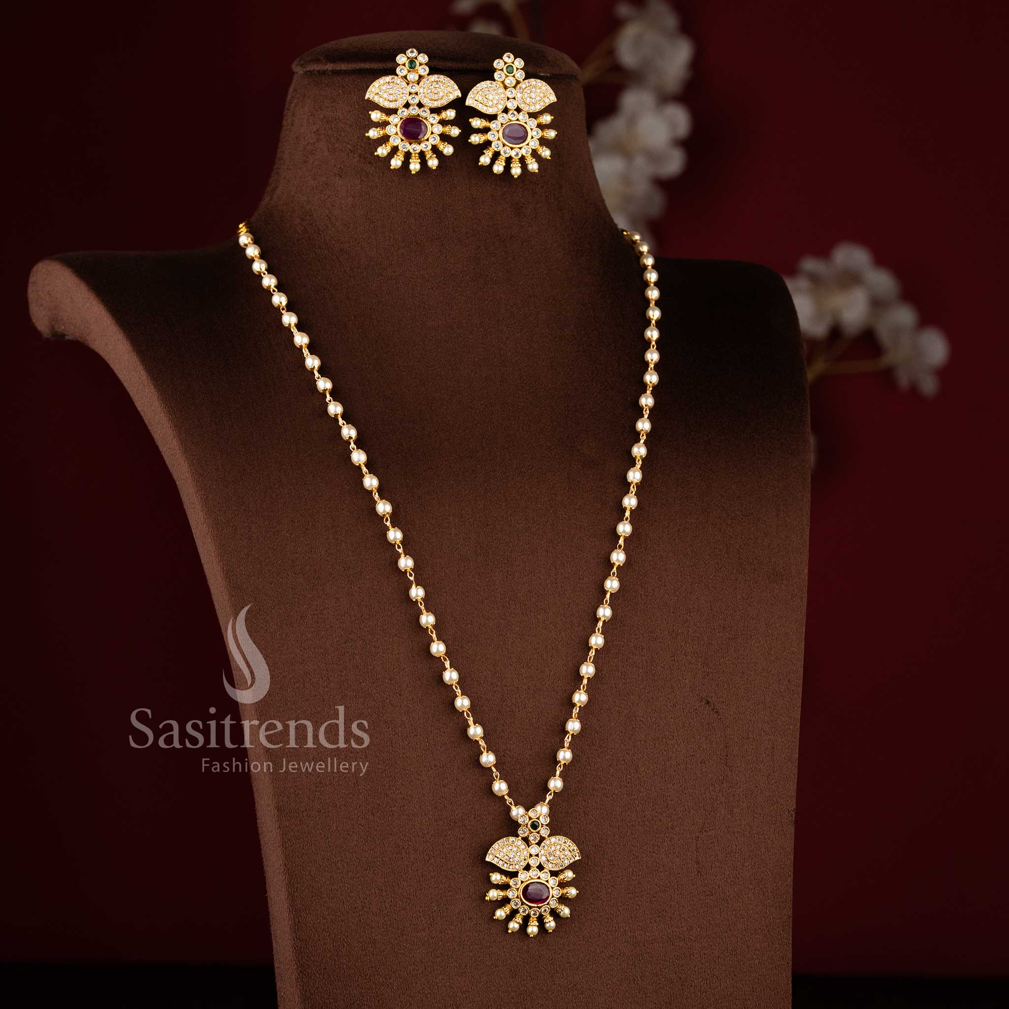 Traditional South Indian style pearl necklace set with matching floral petal earrings 2192B - Sasitrends