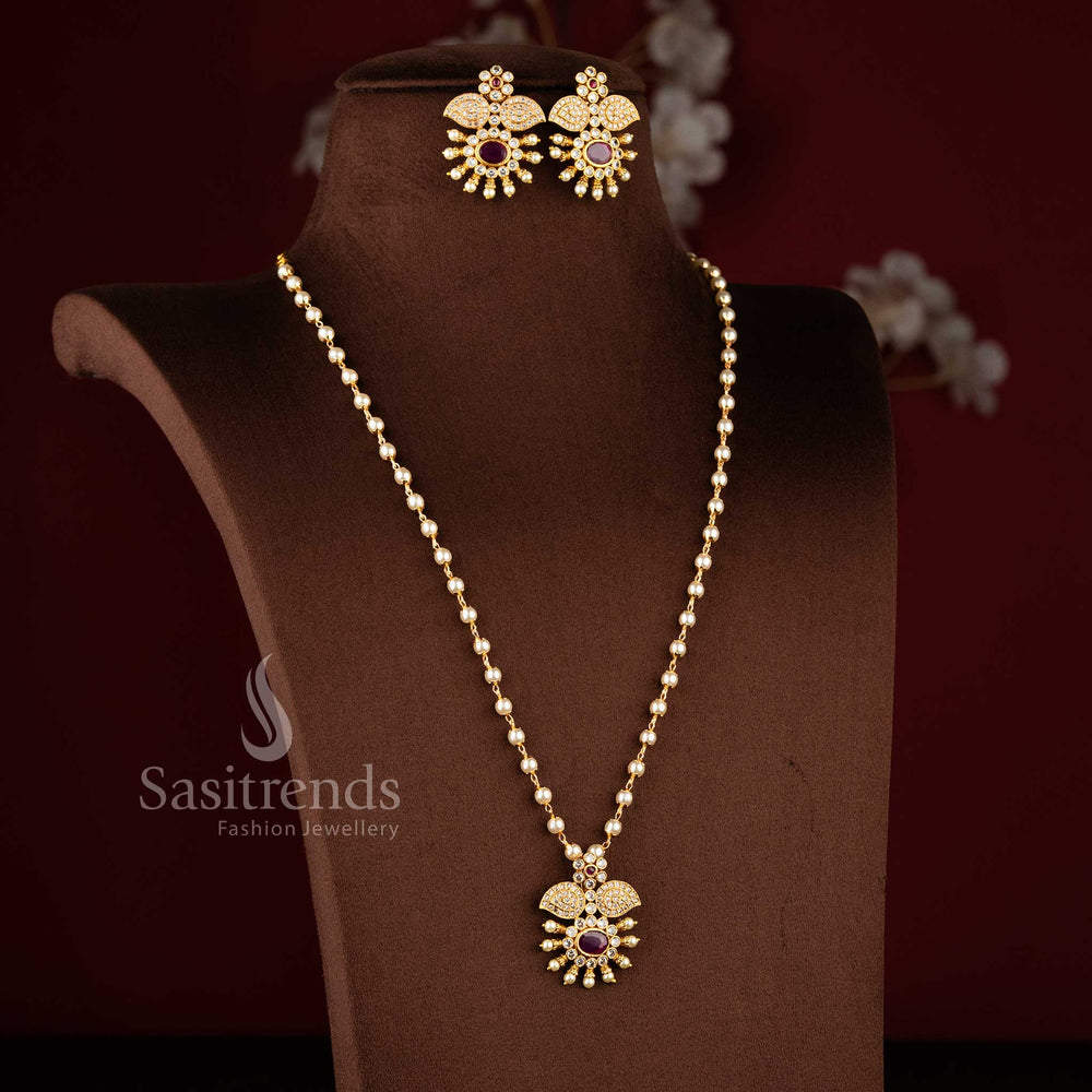Premium matte gold plated floral petal pendant with pearl chain and ruby center 2192B - Sasitrends