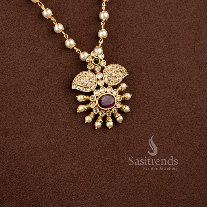 Premium matte gold plated floral petal pendant with pearl chain and ruby center 2192B - Sasitrends