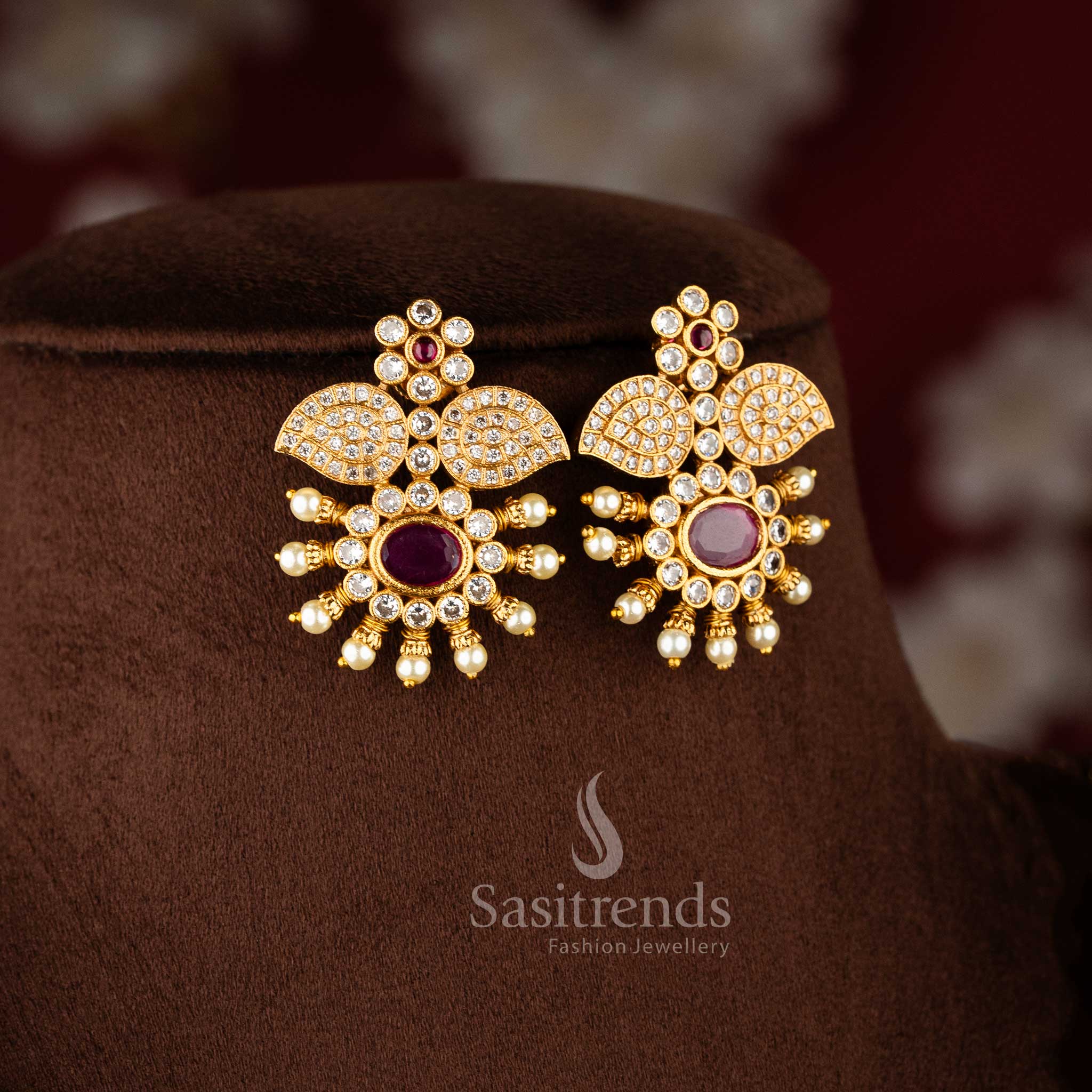 Premium matte gold plated floral petal pendant with pearl chain and ruby center 2192B - Sasitrends