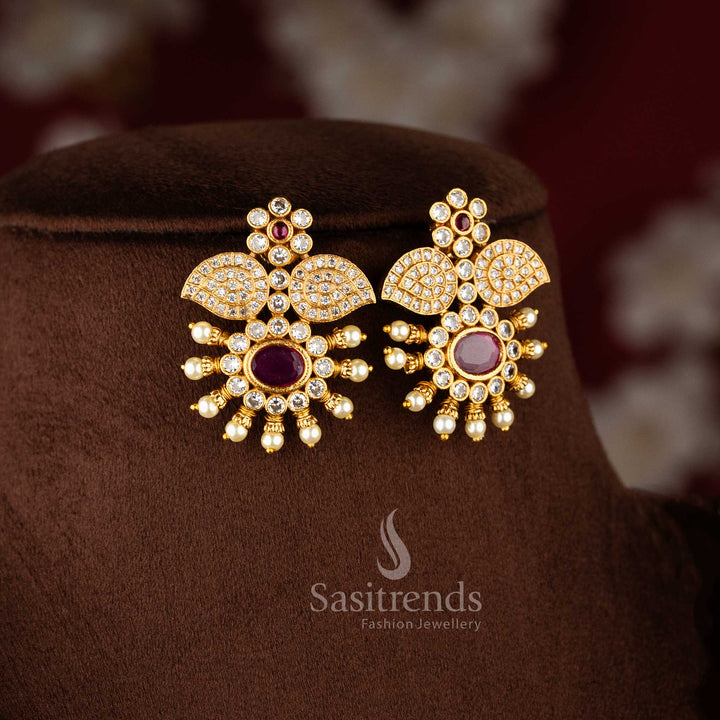 Premium matte gold plated floral petal pendant with pearl chain and ruby center 2192B - Sasitrends