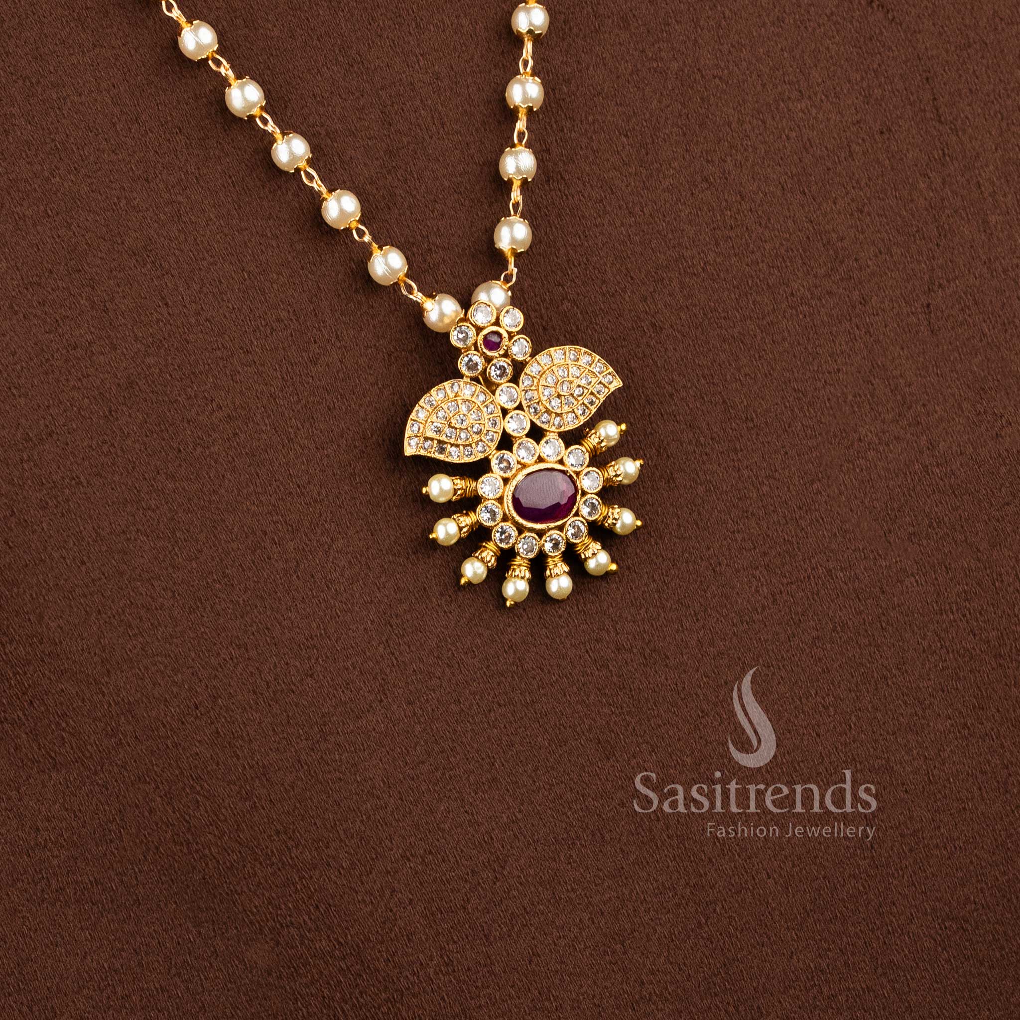 Traditional South Indian style pearl necklace set with matching floral petal earrings 2192B - Sasitrends