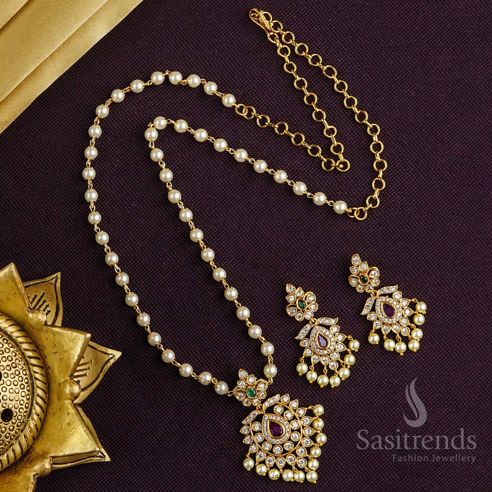 Matte Gold Plated Tilk Stone Pendant Pearl Mala Set - American Diamond Accents