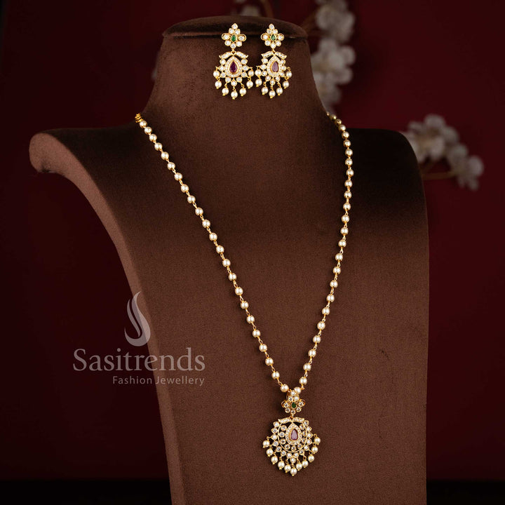 Temple Matte Gold Plated Tilk Stone Pendant Pearl Mala Necklace Jewellery Set Sud With AD Stones | Sasitrends