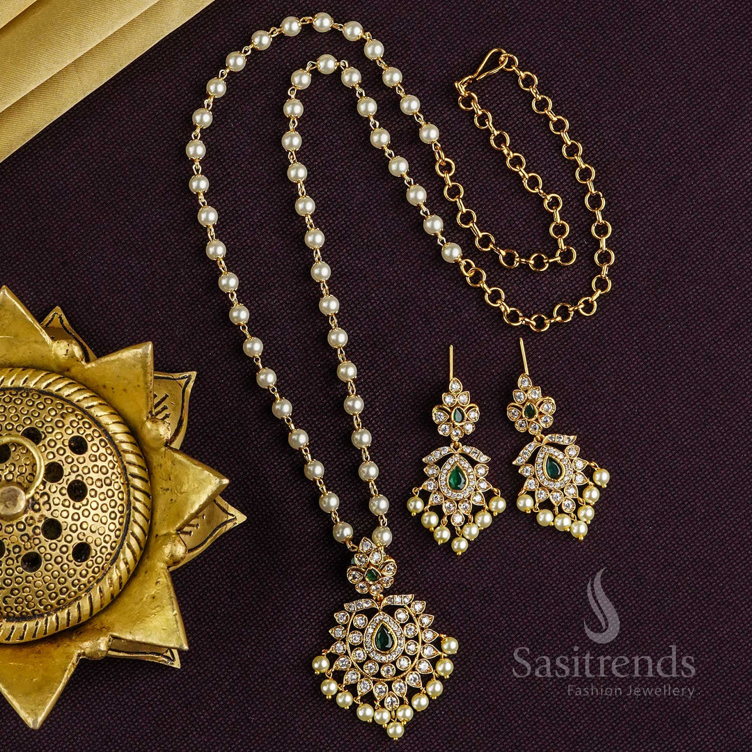 Temple Gold Plated Tilk Stone Pendant Pearl Mala Necklace Set with Matching Earrings - Traditional Jewelry