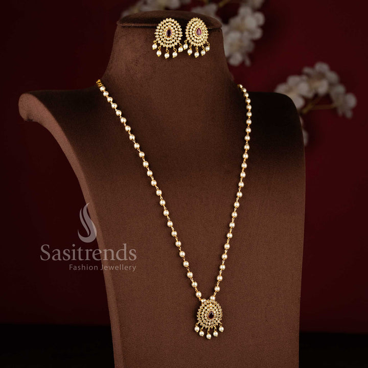 Latest Temple Matte Gold Toned Floral Pendant Pearl Necklace Jewellery Set with AD Stones and Hanging Pearl