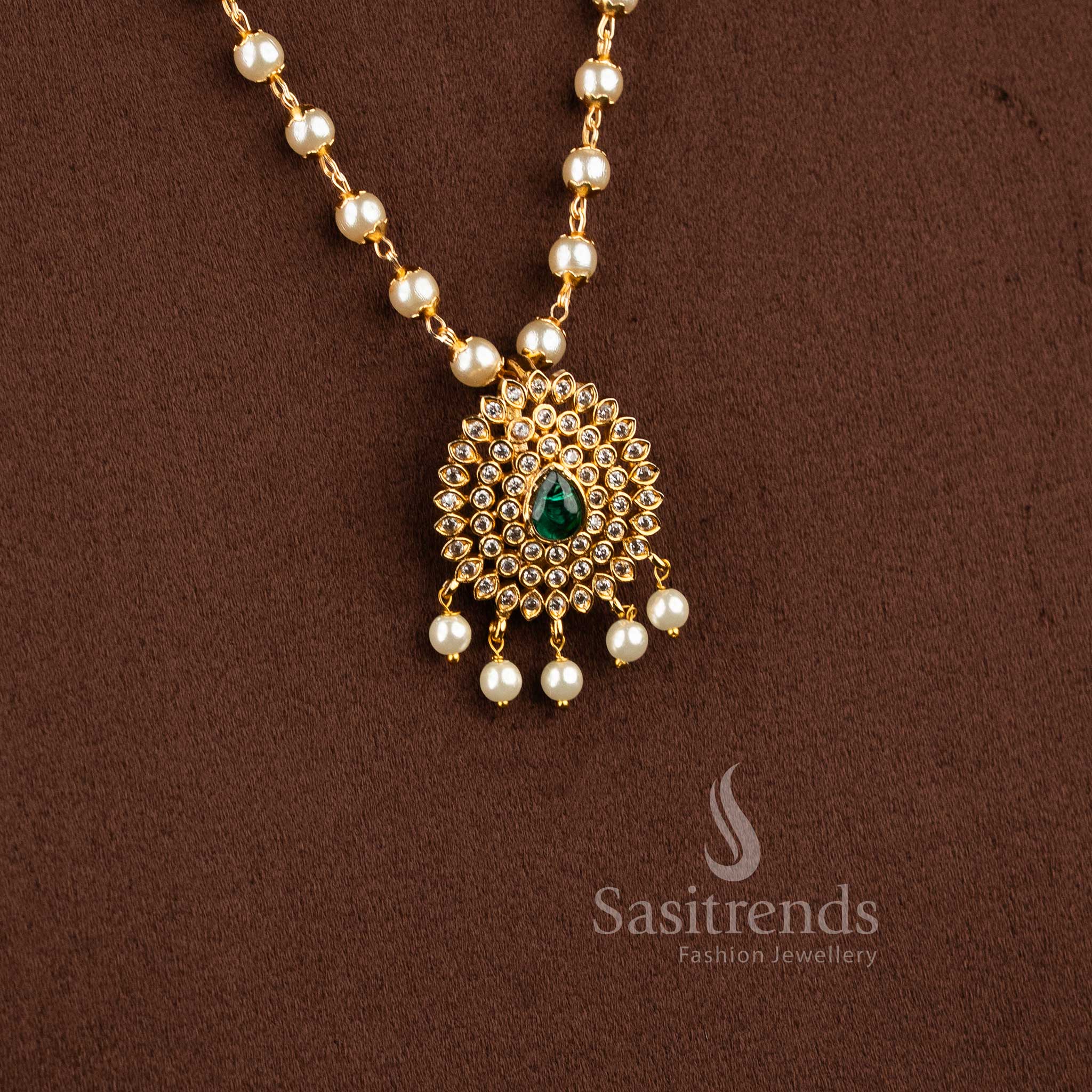 Sacred Matte Gold Temple Style White Green Pearl Jewellery Set With Floral Pendant – Sasitrends
