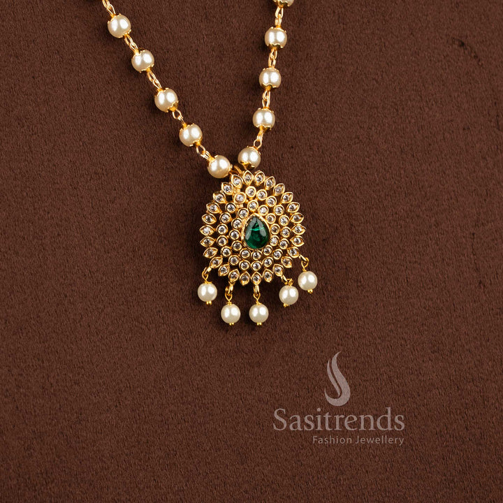 Sacred Matte Gold Temple Style White Green Pearl Jewellery Set With Floral Pendant – Sasitrends