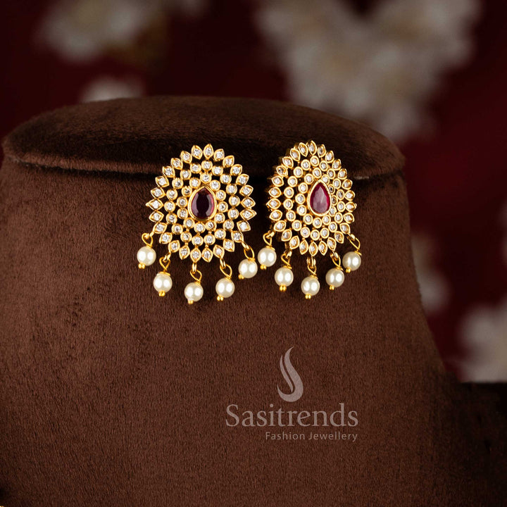 Matte Gold Temple Style White Ruby Pearl Jewellery Set With Floral Pendant – Sasitrends