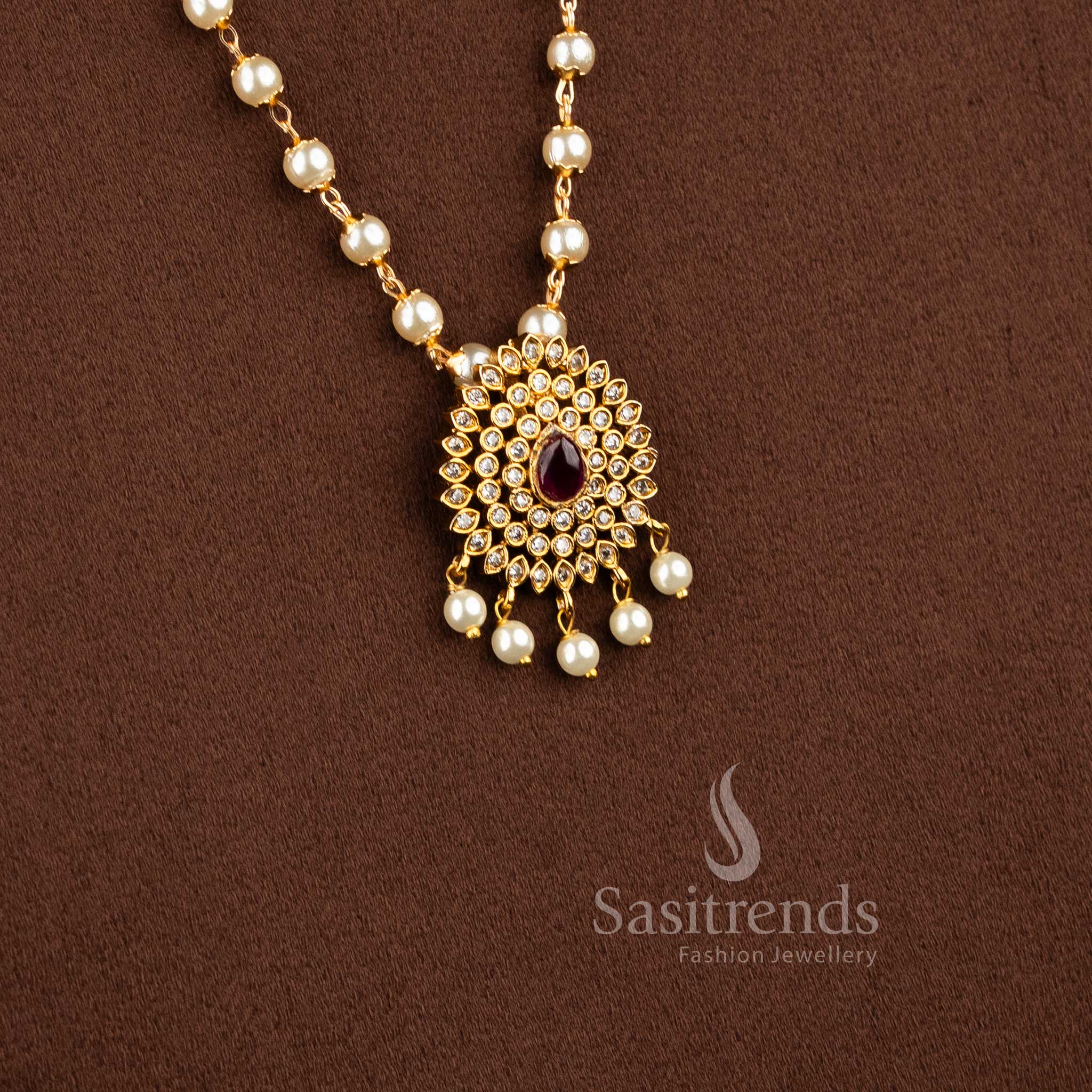 Matte Gold Temple Style White ruby Pearl Jewellery Set With Floral Pendant – Sasitrends