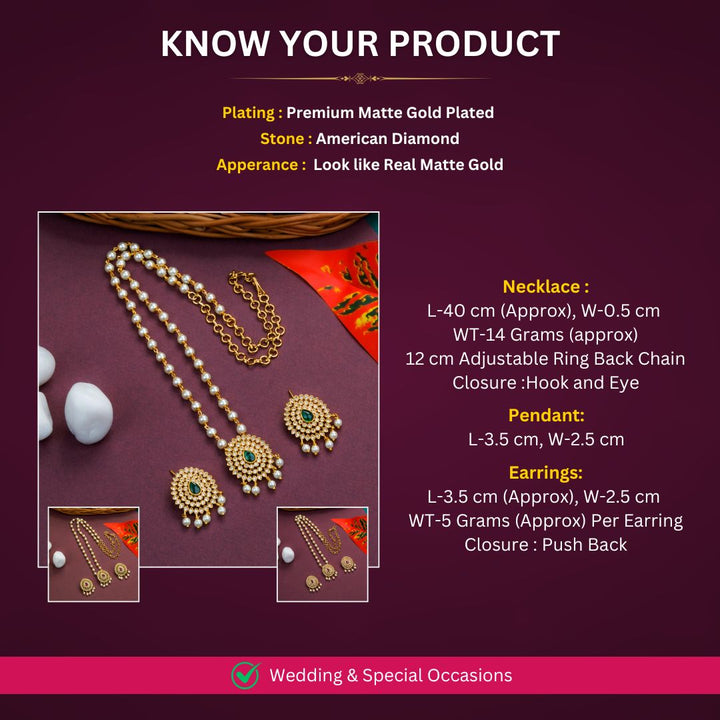 Matte Gold Plated AD Necklace jewellery Set Measurement Image - Sasitrends
