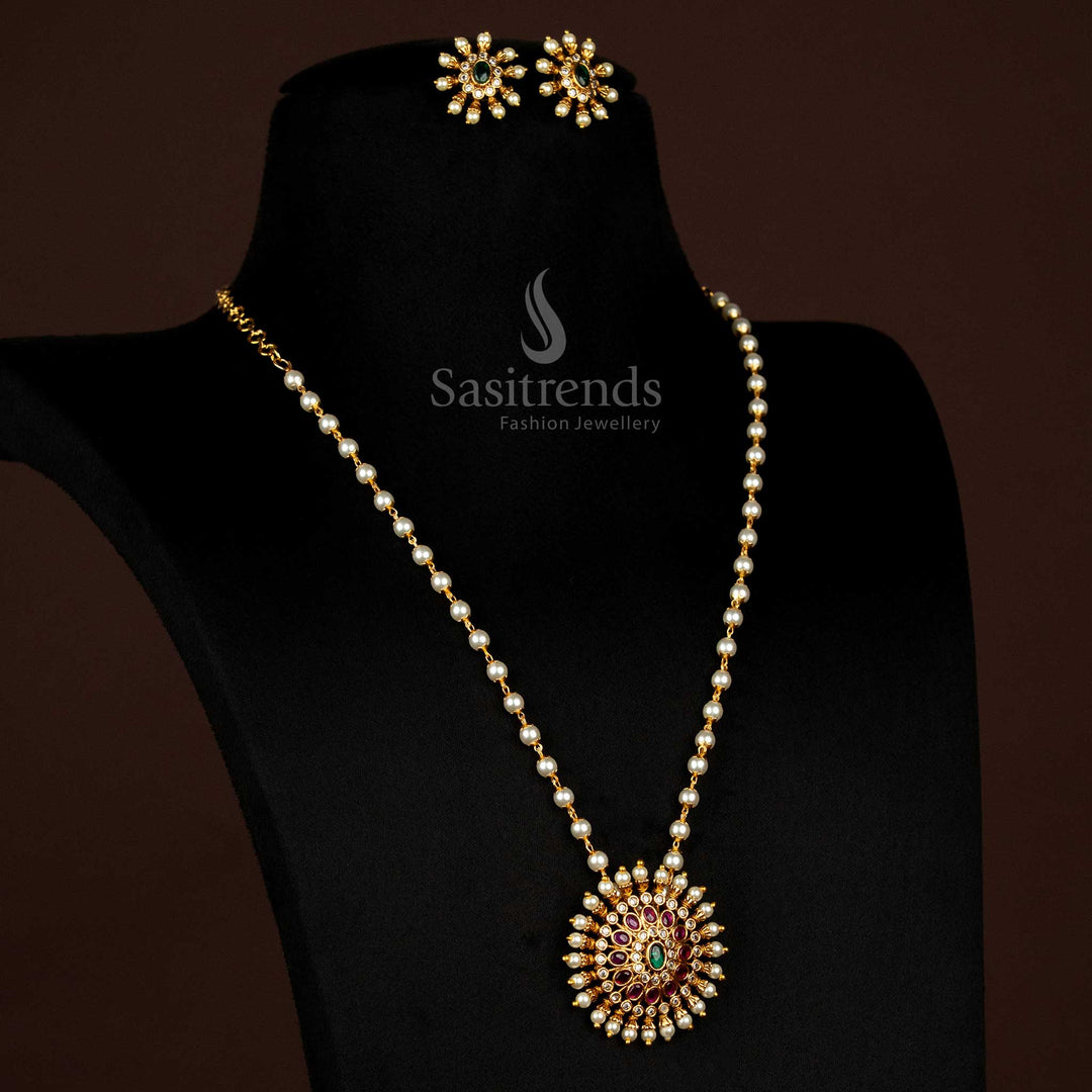 Graceful Matte Gold Multi Colour Pearl Jewellery Set Featuring Artistic Floral Pendant And Antique Finish – Perfect For Weddings And Traditional Saree Looks – Sasitrends
