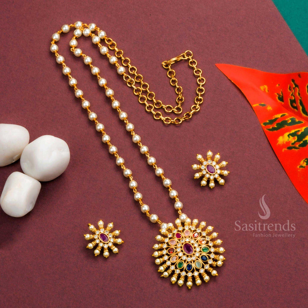 Temple Gold Plated Pearl Necklace Set with Navrathna Floral Pendant and Stud Earrings - Traditional Wear Collection - Sasitrends