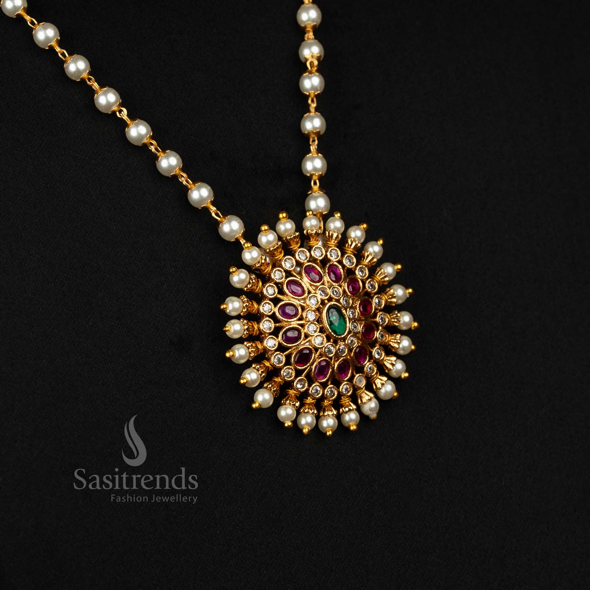 Luxurious Matte Gold Plated Pearl Jewellery Set With Multi Colour Accents And Floral Pendant – A Majestic Temple Jewellery Style For Grand Occasions – Sasitrends