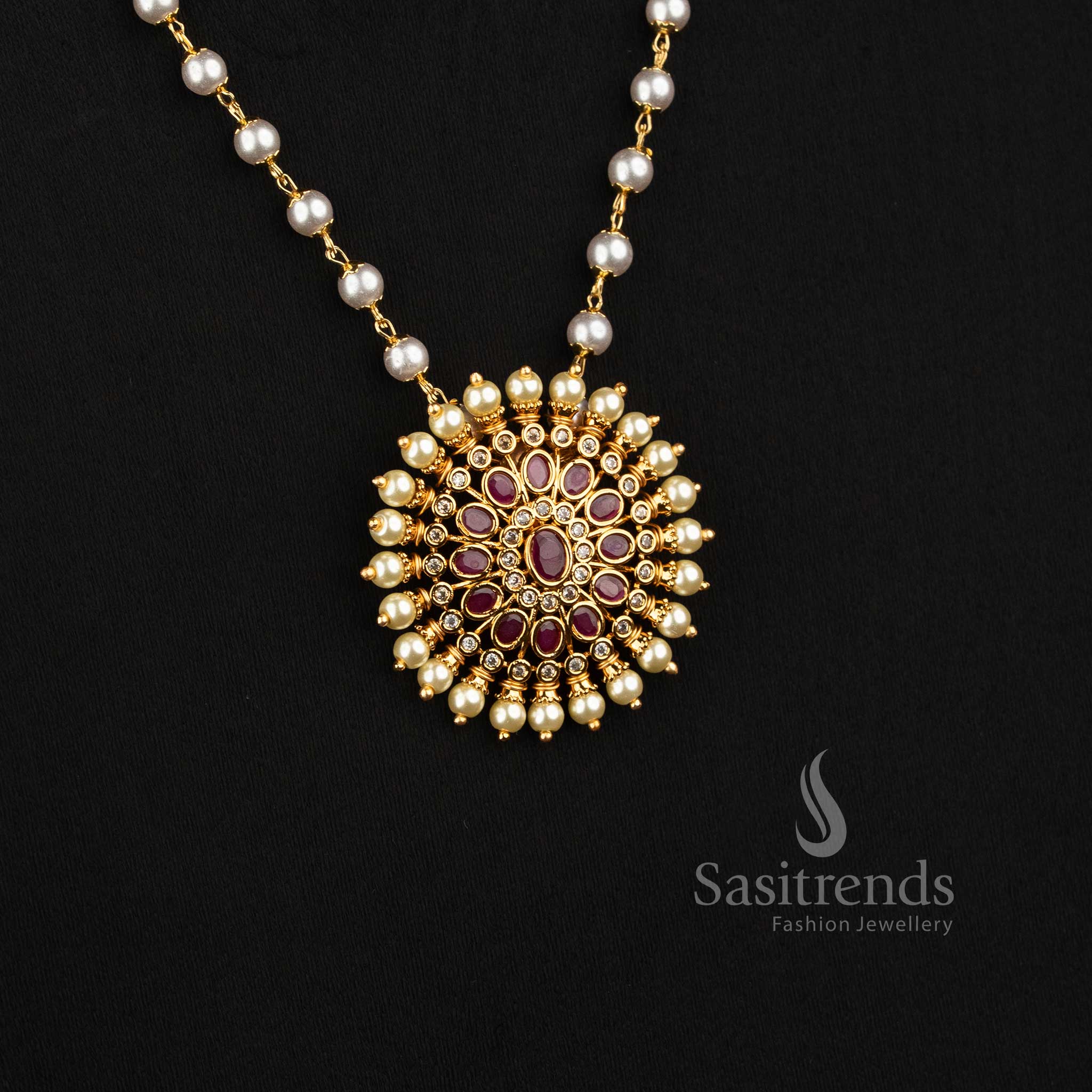 Matte Gold Plated Temple Floral Long Necklace Set for Weddings and Festive Wear - Sasitrends